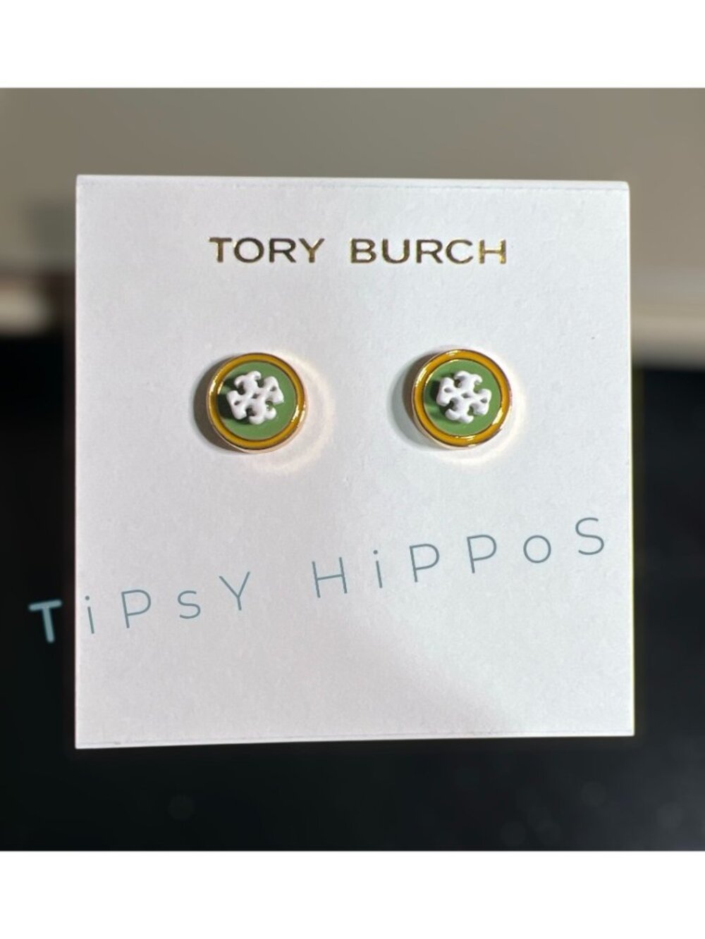TORY BURCH Kira Green and White Enamel Stud Earrings